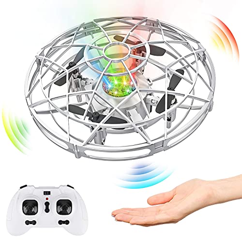 Baztoy UFO Mini Drone, RC Helicopteros Teledirigidos & Control de Mano de 360° Rotación con Luces LED, Juguete Volador Mini Dron Juguete para Niños 3 4 5 6 7 8 9 10 11 Años Regalos Cumpleaños(Plata)
