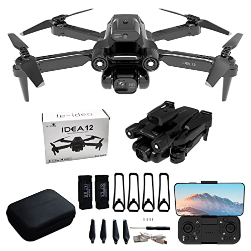 le-idea Dron con Cámara HD Ajustable 1080P, IDEA12 FPV, Posicionamiento óptico de Flujo y Evasión Activa de Obstáculos de 360°, Cuadricóptero RC Plegable Para Principiantes, 3D Flips, 2 Baterías