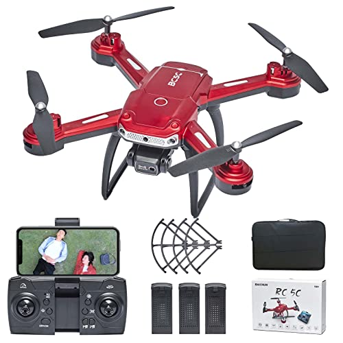 BAICHUN BC5C Drone con Cámara 1080P HD,3D Flip,APP Control Drone Rojo Vivo para Principiantes para Adulto para Niños,Volver a Casa,Altitud Hold,Dual Camera Drone 215g con 3 Batterie