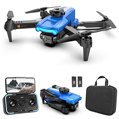 Goolsky Drones con Camara 4K WIFI Daul LSRC XT2 2.4G Detección de Obstáculos, Giroscopio de 6 Ejes, que Mantiene la Altitud, Fotografía con Gestos, Modo Sin Cabeza con Bolsa, Azul, 2 Baterías