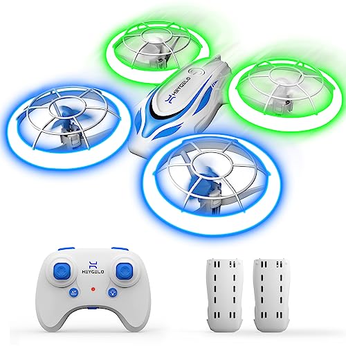 Heygelo S60 Drones para Niños, Dron Quadcopter con Luces Azules y Verdes, Modo sin Cabeza, Un Botón de Despegue y Aterrizaje, 3 velocidad y 2 baterías, Mini Drone Regalos para Niños y Principiantes