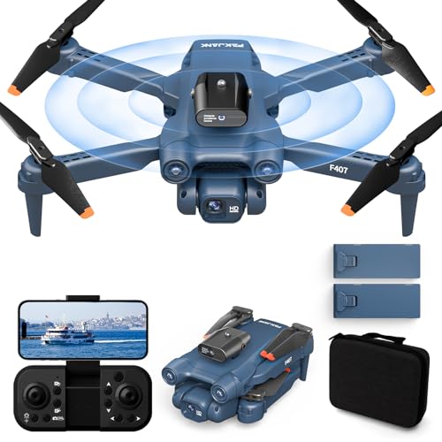 F407 Dron con Cámara Ligero y Plegable con Cámara 1080P HD, WiFi FPV RC Quadcopter para Principiantes, Posicionamiento óptico de Flujo y Evasión Activa de Obstáculos de 360, 2 Baterías